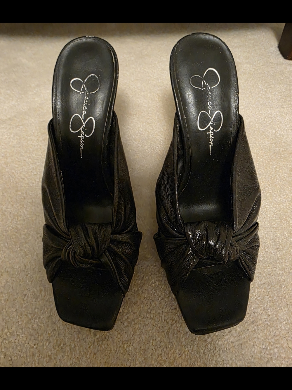 Jessica Simpson Black Knotted Platform Stiletto Slip-On Square Toe Leather Heels